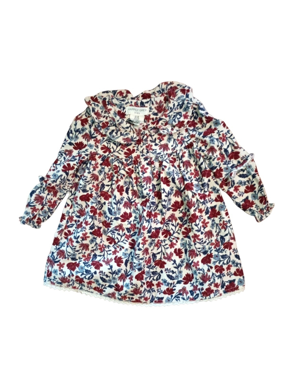 Happily Grey -Floral Ruffle-Trim Long Sleeve Dress  - Red & Blue - 12M